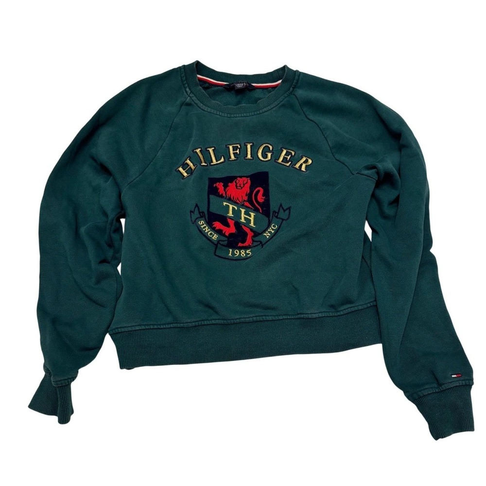 Y2K vtg Tommy Hilfiger women green crest logo spellout Pullover Sweatshirt XXS